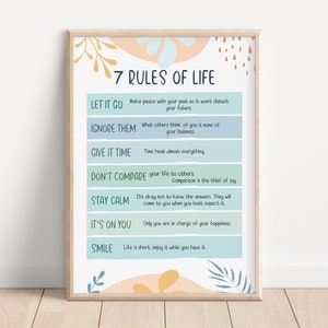 Poster con 7 regole di vita, arredamento per ufficio terapeutico, affermazioni positive, poster di sentimenti, regole di vita, psicologia, citazioni ispiratrici