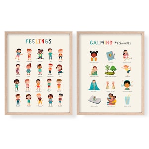 Calming Techniques and Feelings Posters, Set of Playroom Prints, Emotional Regulation, Calm Corner, Playroom Wall Art, Zones of Regulation