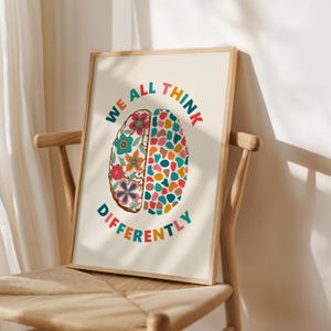 Neurodiversity Poster, We All Think Differently, Brain Art Print, Mental Health, School Psychologist, Classroom Decor