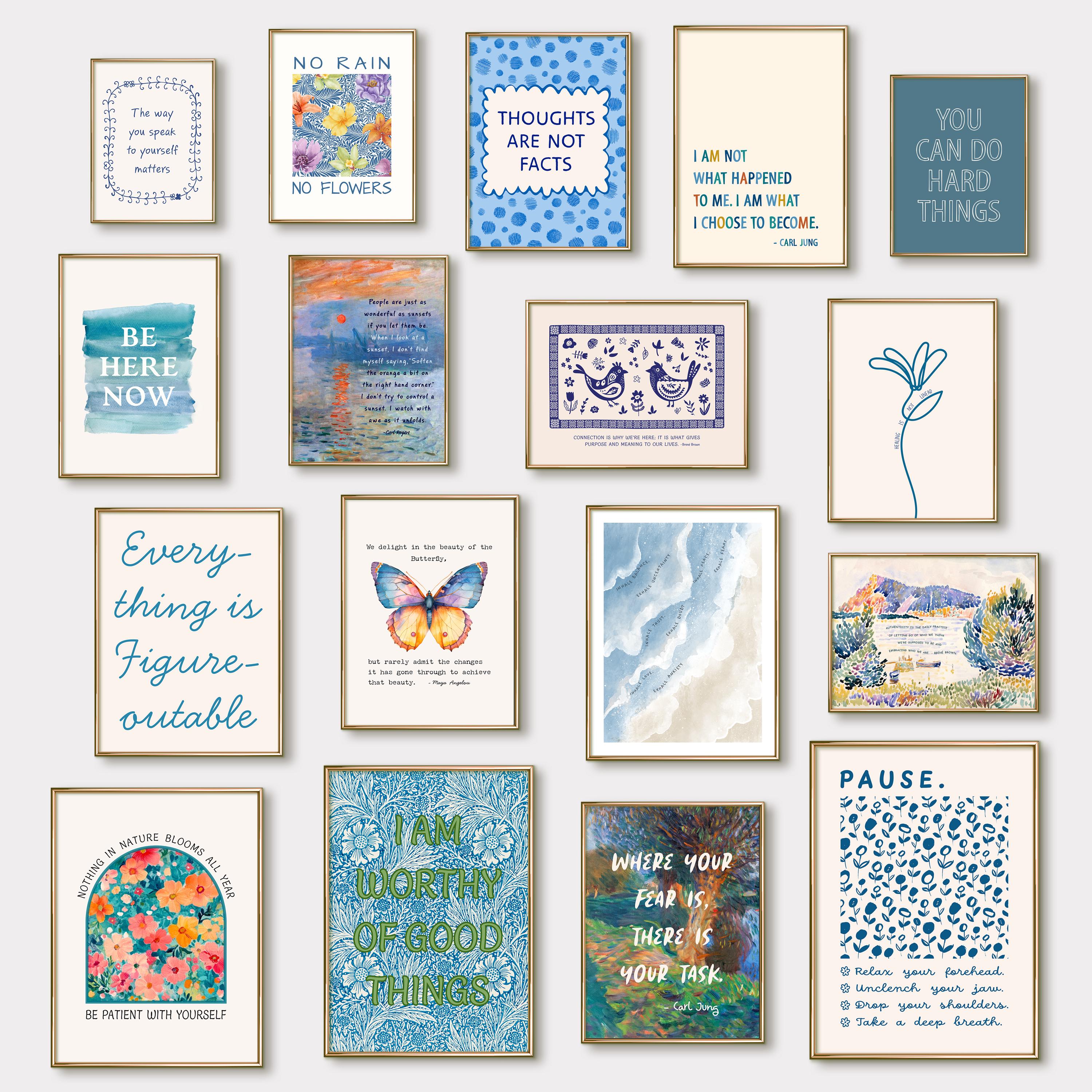 Mental Health Wall Art, Gallery Wall Art Set of 17 Prints for Therapy Office Decor, Mental Health Inspirational Quotes Blue