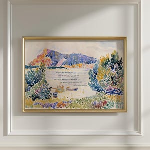 Puede incluir: Una pintura de paisaje en acuarela enmarcada con un marco dorado. La obra de arte representa una escena de lago con monta&ntilde;as al fondo y &aacute;rboles y arbustos coloridos en primer plano. El texto en la pintura dice: "WHAT LIES BEHIND US AND WHAT LIES BEFORE US ARE TINY MATTERS COMPARED TO WHAT LIES WITHIN US."