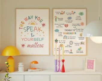 Conjunto de 2 carteles de salud mental, afirmaciones positivas, cosas para recordar, la forma en que te hablas a ti mismo importa, decoración para consultorios de terapia.