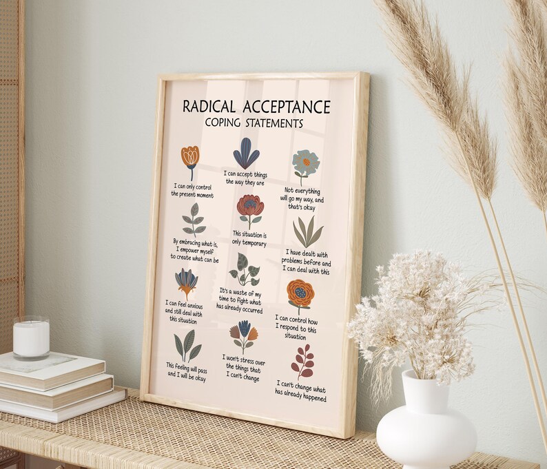 Radical Acceptance Coping Statements Printable, DBT Poster for Therapy Office Decor, Cognitive Distortions and Acceptance Commitments image 2