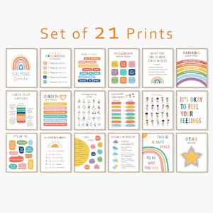 Op de afbeelding: Set van 21 printbare posters met kleurrijke illustraties en tekst. De posters behandelen thema's als mindfulness, zelfzorg en emotionele regulatie. Sommige posters bevatten tekst zoals "Rustgevende Hoek", "Controleer Je Batterij", "Het is Oké om Je Gevoelens te Voelen", "Groeimindset", "Alfabetische Overlevingsvaardigheden", "Hoe Groot is Mijn Probleem?", "Dit is een Veilige Ruimte", "Zijn Wie Je Bent", "Sterren Ademhaling", "Regenboog", "Vandaag Zal Ik", "Uitdagende Negatieve Gedachten", "Wat Je Hier Zegt Blijft Hier", "Onthoud Altijd", "Ik Kan Controleren", "Check In Met Jezelf", en "Gevoelens".