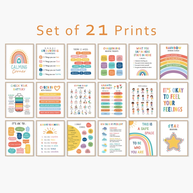 Pode incluir: Conjunto de 21 cartazes imprim&iacute;veis com ilustra&ccedil;&otilde;es e texto coloridos. Os cartazes apresentam temas de mindfulness, autocuidado e regula&ccedil;&atilde;o emocional. Alguns dos cartazes incluem texto como "Canto Calmo", "Verifique Sua Bateria", "Est&aacute; Tudo Bem Sentir Seus Sentimentos", "Mentalidade de Crescimento", "Alfabeto de Habilidades de Enfrentamento", "Qu&atilde;o Grande &eacute; Meu Problema?", "Este &eacute; um Espa&ccedil;o Seguro", "Ser Quem Voc&ecirc; &Eacute;", "Respira&ccedil;&atilde;o Estrela", "Arco-&iacute;ris", "Hoje Vou", "Desafiando Pensamentos Negativos", "O Que Voc&ecirc; Diz Aqui Fica Aqui", "Lembre-se Sempre", "Posso Controlar", "Fa&ccedil;a o Check-in Consigo Mesmo", e "Sentimentos".