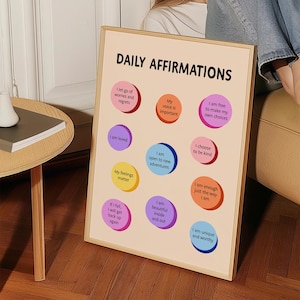 May include: A framed print with the words "DAILY AFFIRMATIONS" at the top. The print features colourful circles with positive affirmations such as "I am loved" and "I am unique and worthy". The frame is a light wood colour.