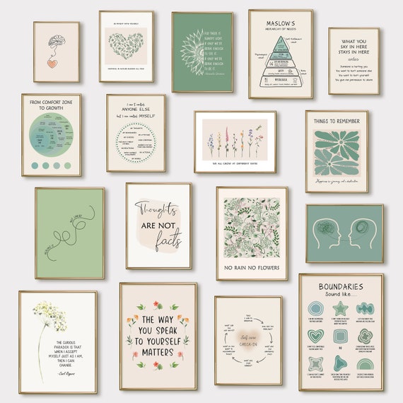 20 Mental Health Posters, Therapy Office Art Prints, Counselor Office Decor, Psychology Wall Art Prints Green