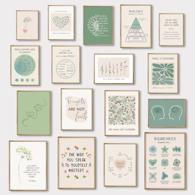Op de afbeelding: Een set van 12 printbare wandkunstprints met motiverende citaten en illustraties. De prints zijn in verschillende kleuren, waaronder groen, beige en wit. De citaten zijn onder andere "Gedachten zijn geen feiten", "De manier waarop je tegen jezelf praat, doet ertoe" en "Geen regen, geen bloemen".