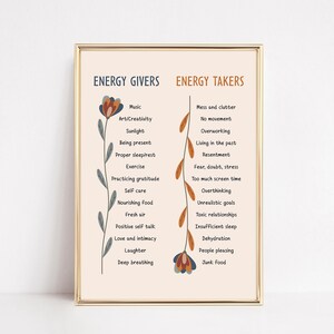 Peut inclure: Une affiche imprimable avec un fond pêche et un cadre doré. L'affiche présente deux vignes florales stylisées avec des listes d'« Énergies positives » et d'« Énergies négatives ». Les listes comprennent des éléments tels que la musique, l'art, la lumière du soleil, l'exercice physique, l'air frais, le désordre et l'encombrement, le surmenage et la malbouffe.
