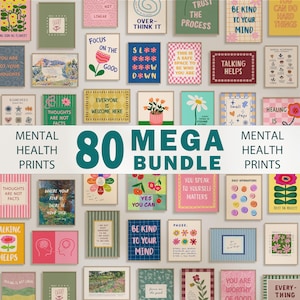 May include: A collection of 80 rectangular wall art prints featuring diverse graphic designs, floral illustrations, and motivational text such as "Focus on the Good," "Be Kind to Your Mind," and "Healing is," arranged in a grid pattern.