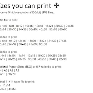 May include: A chart showing the different sizes you can print in inches and centimeters. The chart includes 2:3, 3:4, 4:5, 5:7, and 11x14 aspect ratios. You will receive 5 high-resolution (300dpi) JPG files.