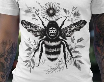 Honey Bee and Flower Graphic Line Art T-Shirt, Nature Lover's Tee, Eco-Friendly Gift for Him Her, botanical tattoo print, gift for bee lover