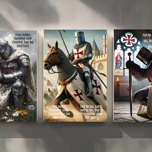 Può includere: Tre stampe d'arte digitale che raffigurano un cavaliere in armatura inginocchiato in preghiera con una spada e una croce rossa sul petto. Il testo sulle stampe recita "Don nobis Domine sed Nomini Tuo da Gloriam" e "Not to us, Lord, not to us, but to thy name give the glory".