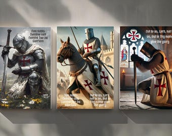 Christian Templar Triptych Wall Art Set, crusader armour artwork download, scripture poster prints,