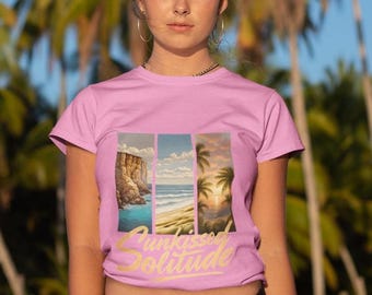 Island Luxe Sunkissed Solitude Tee, Vintage Coastal Escape T-Shirt, Beach Sunset Tee, Tropical scene Graphic Shirt, Nature Lovers Ocean Gift