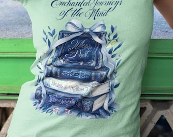 Literary Book Stack T-Shirt: Enchanted Journeys Graphic Tee