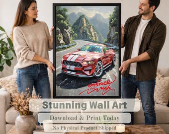 Red Sports Car Oil Painting Print: Automotive Wall Art (Digital Download