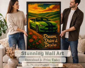 Neon Green Sports Car Oil Painting, Automotive Art Print (Digital Download)