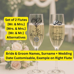 Customisable Elegant Wedding Champagne Flutes,  Mr and Mrs, Mrs and Mrs, Mr and Mr Glass Set, Personalised Names, Date and Keepsake Gift