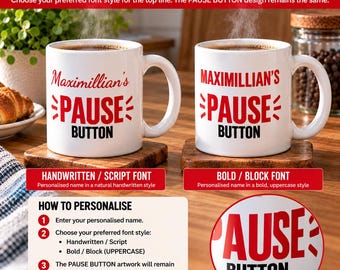 Personalised Name 11oz Ceramic Mug: Funny Pause Button Coffee Design