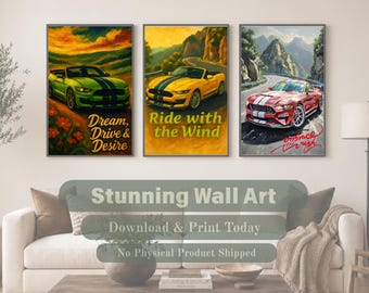 Sports Car Oil Painting Triptych – Automotive Art, Digital Download