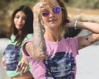 Island Luxe Moonlit Beach T-Shirt, Tropical Floral Print Tee, Romantic Ocean Sunset Shirt, Unisex Whispers of the Night Shirt