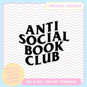 Puede incluir: Dise&ntilde;o gr&aacute;fico en blanco y negro con el texto "Anti Social Book Club" en una fuente de estilo retro.