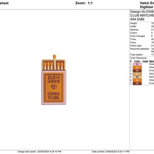 May include: Embroidered design of a matchbox with the text "SLOW BURN BOOK CLUB" and a heart symbol. The matchbox is rectangular with a light pink background and a brown top. The matches are visible inside. The design is 70.3 mm high and 35.4 mm wide.