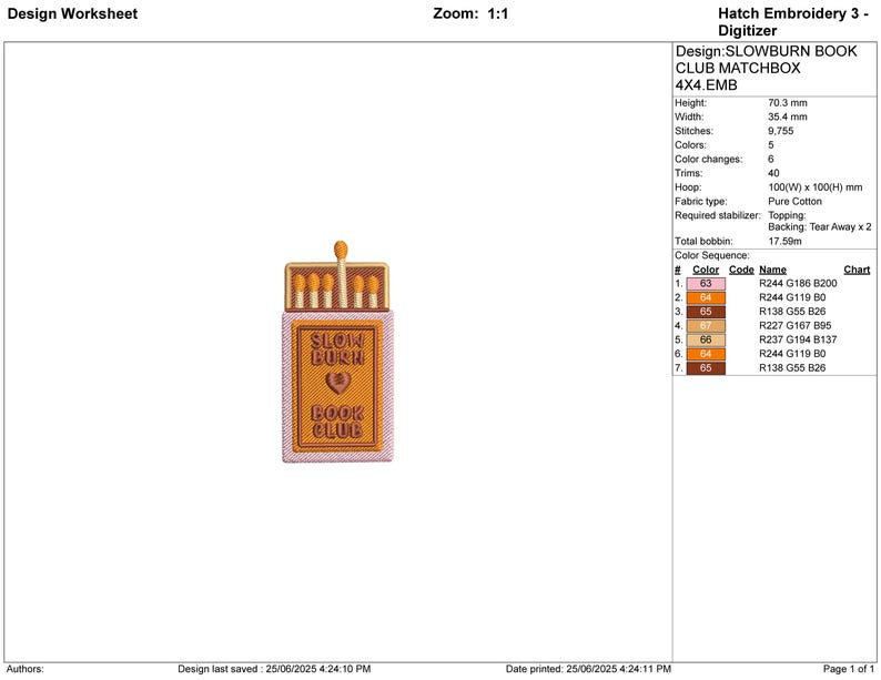 May include: Embroidered design of a matchbox with the text "SLOW BURN BOOK CLUB" and a heart symbol. The matchbox is rectangular with a light pink background and a brown top. The matches are visible inside. The design is 70.3 mm high and 35.4 mm wide.