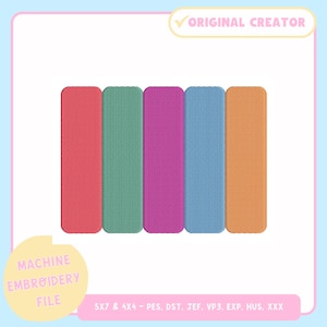 May include: Five rectangular machine embroidery files in red, green, purple, blue, and orange. The text "ORIGINAL CREATOR" and "MACHINE EMBROIDERY FILE" are visible. The file sizes are 5x7 and 4x4.