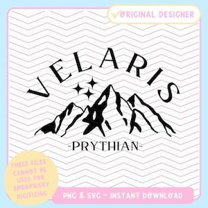 May include: Black and white graphic design featuring a mountain range with three peaks and three stars above the mountains. The text "VELARIS -PRYTHIAN- " is written in a stylized font.