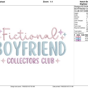 May include: An embroidered design with the words "Fictional Boyfriend Collectors Club" in light blue and pink. The design includes star accents, suitable for clothing or craft projects.