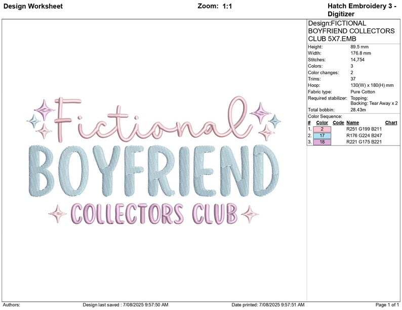 May include: An embroidered design with the words "Fictional Boyfriend Collectors Club" in light blue and pink. The design includes star accents, suitable for clothing or craft projects.