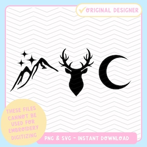 May include: Black and white silhouette design featuring a mountain range with stars, a deer head, and a crescent moon.