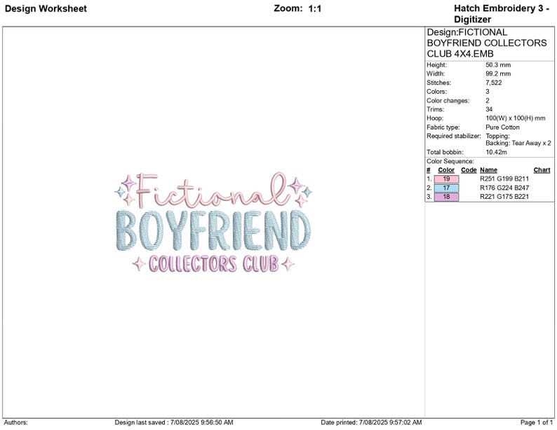 May include: An embroidery design with the text "Fictional Boyfriend Collectors Club". The text is in light blue and pink with star accents. The design is 50.3 mm high and 99.2 mm wide, suitable for various craft projects. The design includes 3 colours.