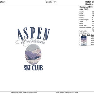 May include: An embroidered design featuring the text "ASPEN Colorado" in navy blue, with a stylized oval image of mountains and the text "SKI CLUB" below. The design is for a 4x4 inch embroidery project.