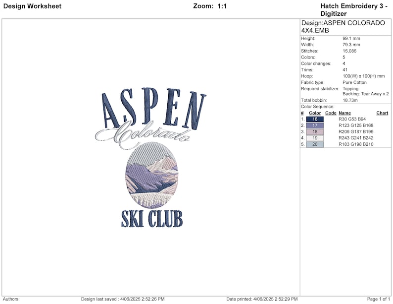 May include: An embroidered design featuring the text "ASPEN Colorado" in navy blue, with a stylized oval image of mountains and the text "SKI CLUB" below. The design is for a 4x4 inch embroidery project.