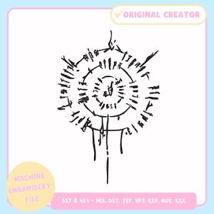 May include: Black machine embroidery file featuring a circular design with radiating lines and text. The design includes the text "ORIGINAL CREATOR" and "MACHINE EMBROIDERY FILE". The file sizes are 5x7 and 4x4 inches.