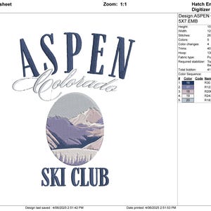 May include: Embroidered design featuring "ASPEN COLORADO SKI CLUB" in navy blue and white. The design includes an oval image of a mountain range in shades of purple and gray. The design is 157.2 mm high and 125.5 mm wide.