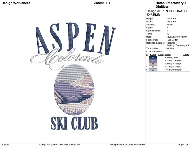 May include: Embroidered design featuring "ASPEN COLORADO SKI CLUB" in navy blue and white. The design includes an oval image of a mountain range in shades of purple and gray. The design is 157.2 mm high and 125.5 mm wide.