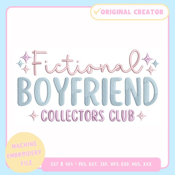 Bookish Embroidery Design: Fictional Boyfriend Collector's Club (PES JEF VP3 DST) (Digital Download)