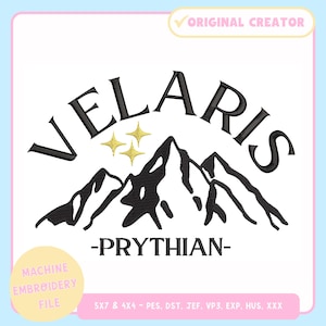 May include: Black and gold embroidery design with the word "VELARIS" above a mountain range and four gold stars. Below the mountains, the text reads "-PRYTHIAN-". The design is a machine embroidery file.