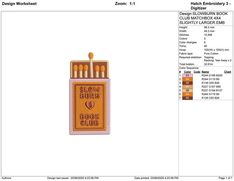 May include: An embroidered design of a matchbox with the text "SLOW BURN BOOK CLUB". The matchbox is a light pink color with a heart in the center. The matches are beige and orange.