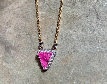 Hot Pink Druzy Necklace Cobalto Calcite Gold and Blackened Silver Triangular Gemstone Necklace