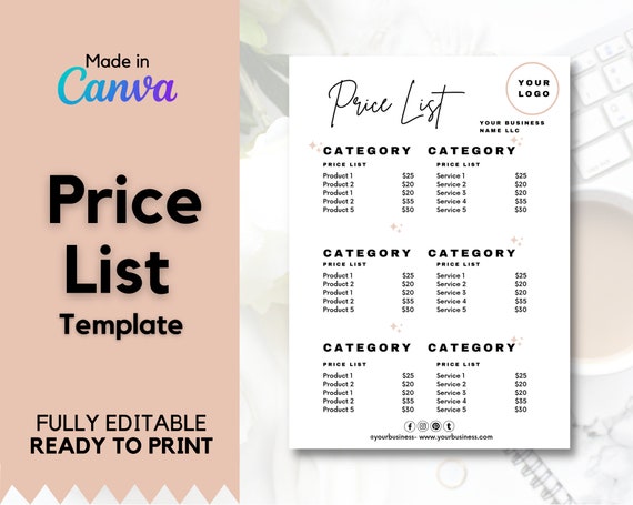 Price List Template Price Guide Printable Price Sheet Price | Etsy