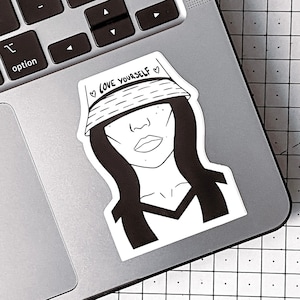 OUTLET · Emmerhoedmeisjessticker · Hou van jezelf · Zwart-witte ontwerpen · Matte afwerking · Waterdicht