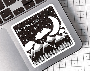Once Upon A Time In The Mountains Sticker · Black & White Matte · Holographic · Square Sticker · Waterproof
