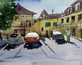 Digital watercolor street in Europe