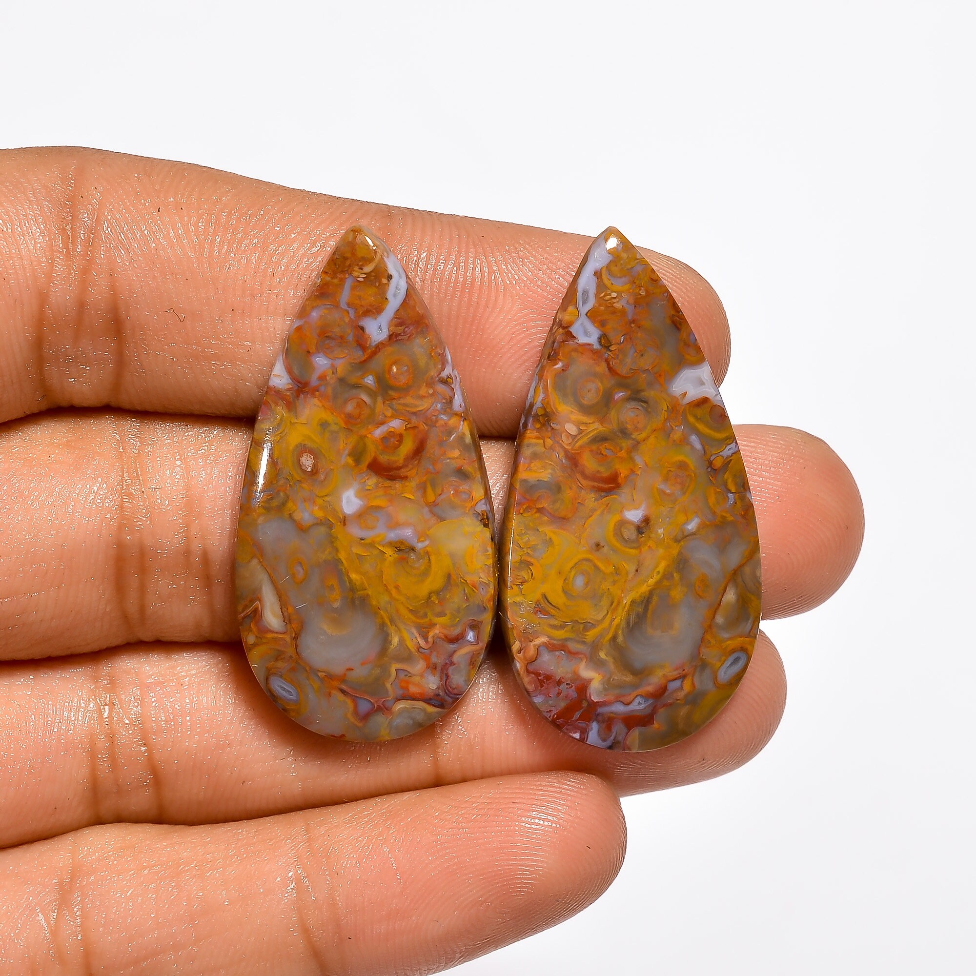 SEAM AGATE PAIR, 39 Ct. 36X18X4 mm, Top Quality Natural Seam Agate Pear Shape Cabochon Loose Gemstone Pair For Making Earring Set, B-2600