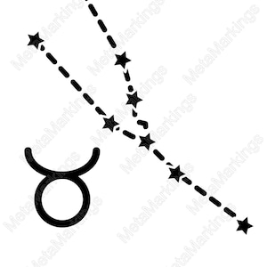 May include: Black and white illustration of the Taurus constellation. The image features a bull symbol and a star pattern connected by dashed lines. The stars are five-pointed and the bull symbol is a large circle with curved horns.